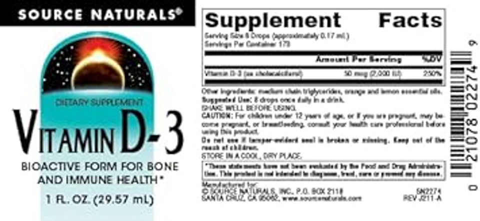 Source Naturals Vitamin D-3 Liquid Drops 2000 Iu Supports Bone & Immune Health* - 1 Fluid Oz