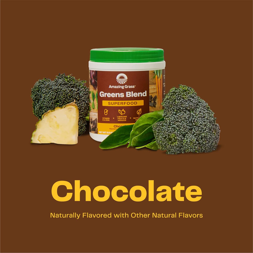 Amazing Grass Greens Blend Superfood: Super Greens Powder Smoothie Mix With Organic Spirulina, Chlorella, Beet Root Powder, Digestive Enzymes & Probiotics, Chocolate, 60 Servings (Packaging May Vary)