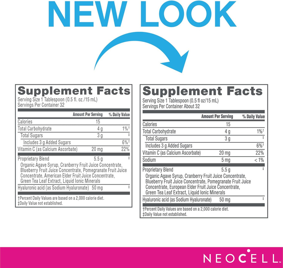 NeoCell Hyaluronic Acid Berry Liquid with Vitamin C; For Cellular Hydration for Skin, and Lubrication for Skin and Joints; Gluten Free; Dietary Supplement; 16 Fl. Oz., 32 Servings.* Pack May Vary