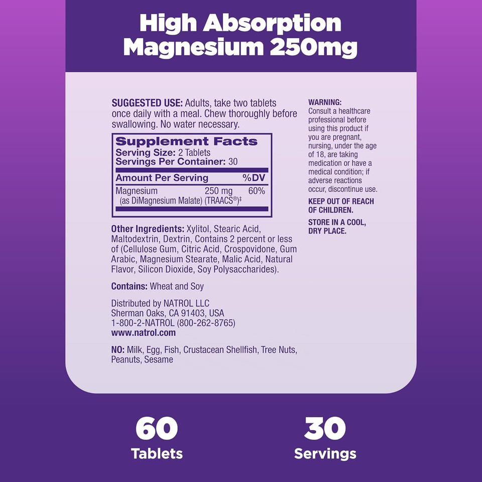 Natrol High Absorption Magnesium 250 Mg, Dietary Supplement To Support Heart, Nerve, Muscle And Bone Health, 60 Cranberry Apple-Flavored Chewable Tablets, 30 Day Supply