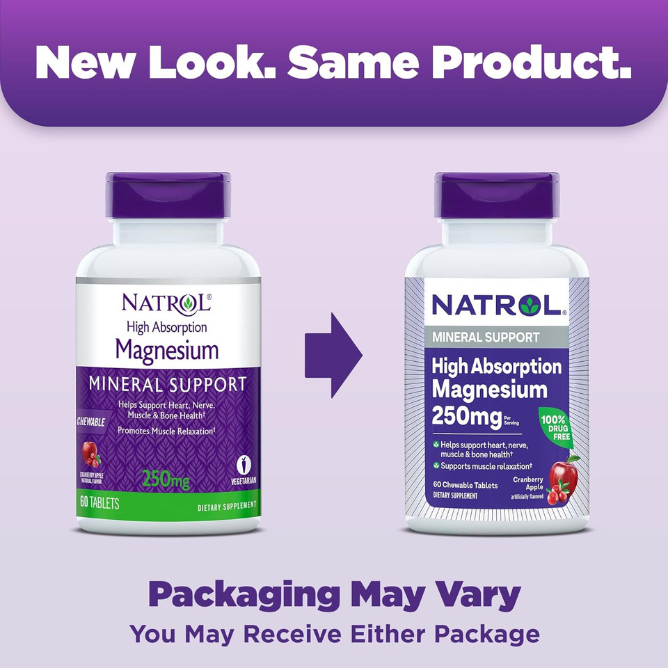 Natrol High Absorption Magnesium 250 Mg, Dietary Supplement To Support Heart, Nerve, Muscle And Bone Health, 60 Cranberry Apple-Flavored Chewable Tablets, 30 Day Supply