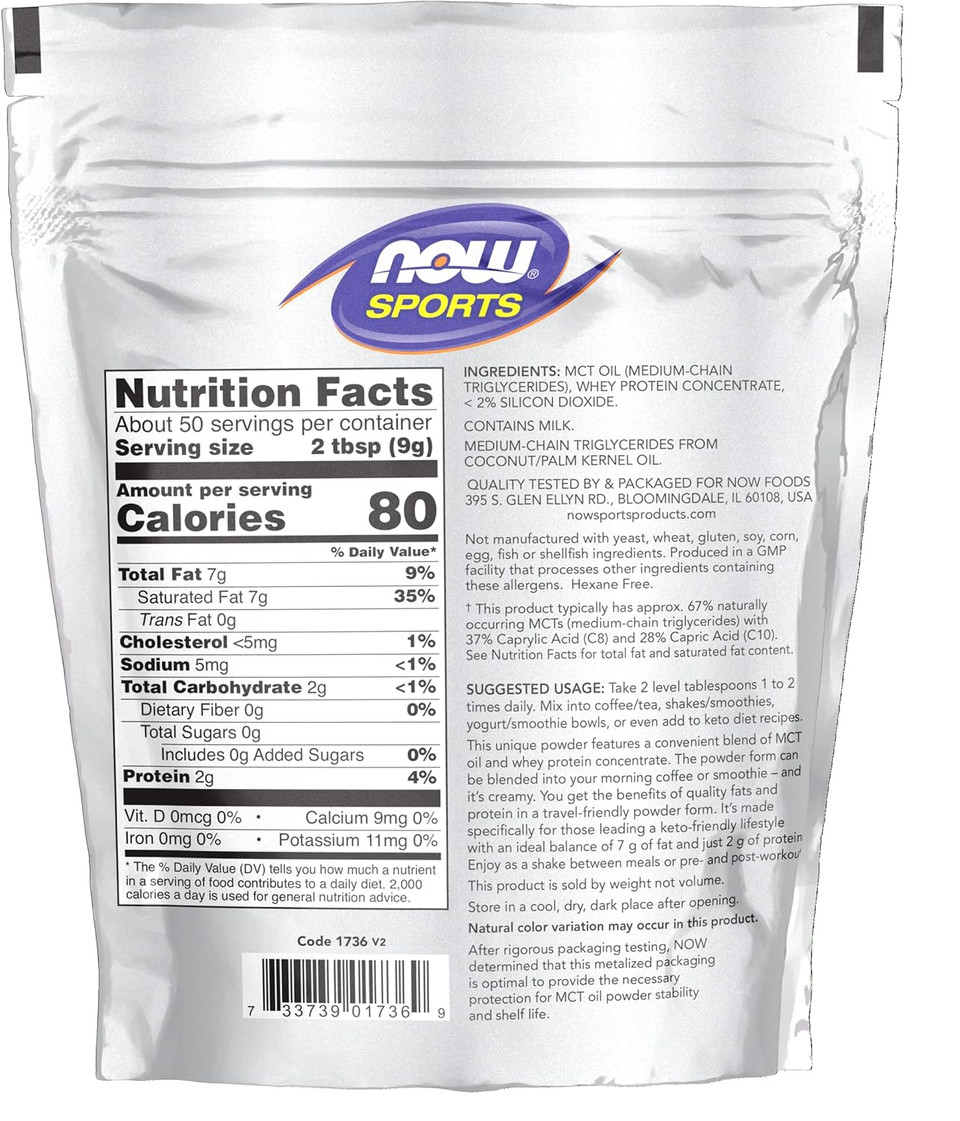 Now Sports Nutrition, Mct Powder With Whey Protein Isolate, 67% Mcts, Unflavored Powder, 1-Pound