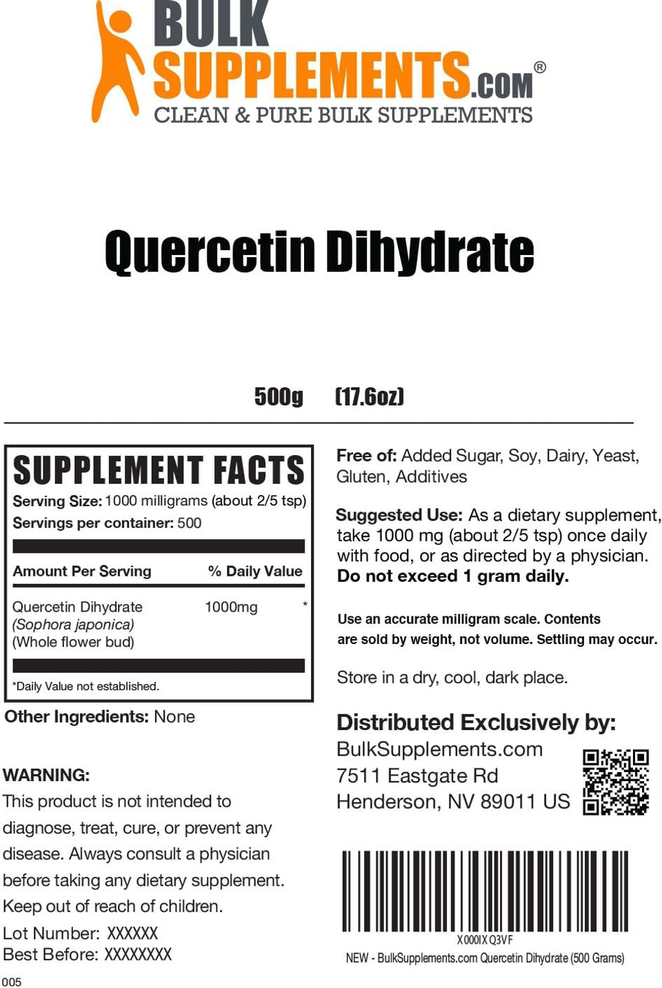 Bulksupplements.Com Quercetin Dihydrate Powder - Quercetin Supplements, Quercetin 1000Mg, Quercetin Powder - Antioxidants Supplement, Gluten Free, 1000Mg Per Serving, 500G (1.1 Lbs)