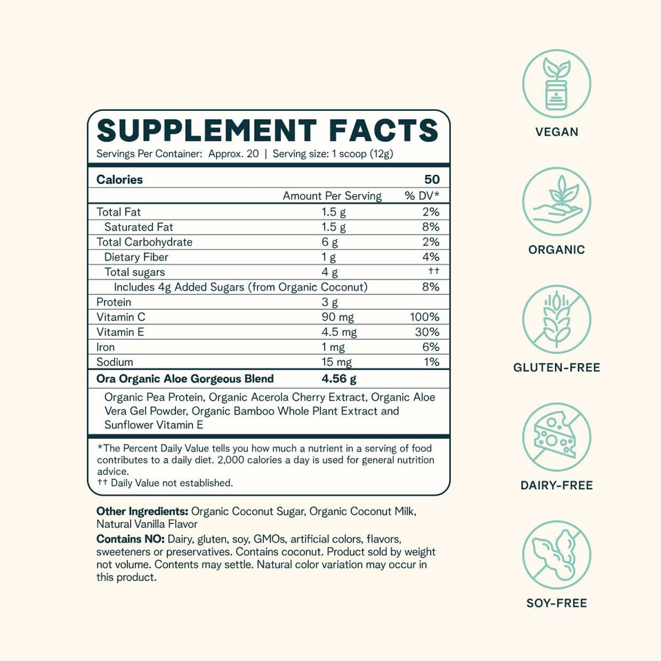 Ora Organic Vegan Collagen-Boosting Powder For Women And Men - Hair, Skin, & Nails Support - Bamboo Silica, Plant-Based Protein, Organic Vitamin C, Aloe Vera - Vanilla Flavor, 20 Servings