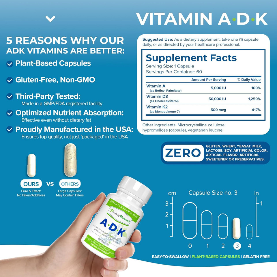 Power By Naturals Adk Vitamin Supplement: Vitamin A, Vitamin D3 5000 Iu, And Vitamin K2 Mk-7, Support Bone Health Vitamin Adk Supplement, Pure Vitamin D3 K2 Mk7 & A, 60 Capsules (2 Month Supply)