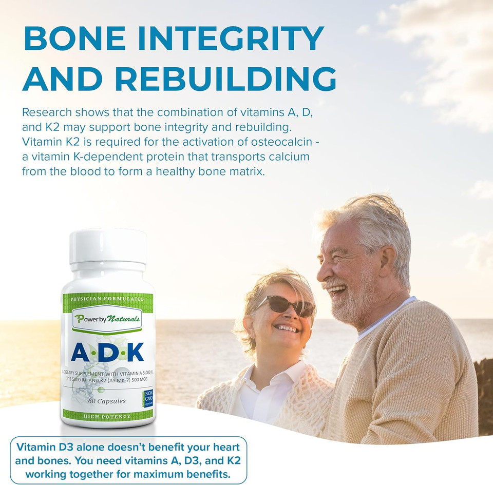 Power By Naturals Adk Vitamin Supplement: Vitamin A, Vitamin D3 5000 Iu, And Vitamin K2 Mk-7, Support Bone Health Vitamin Adk Supplement, Pure Vitamin D3 K2 Mk7 & A, 60 Capsules (2 Month Supply)