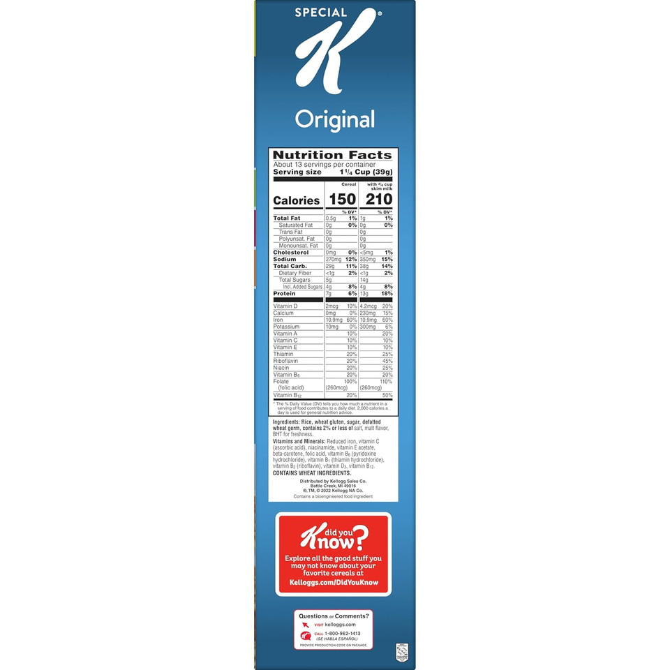 Special K Cold Breakfast Cereal, 11 Vitamins And Minerals, 13G Protein, Family Size, Original, 18Oz Box (1 Box)