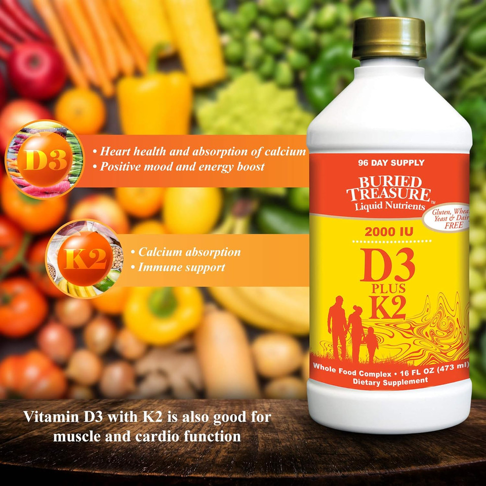 Buried Treasure Liquid Vitamin D3 Plus K2 Naturally Sourced D3 2,000 Iu Plus 80 Mcg K2 (Mk7) Per 5Ml Serving - 96 Servings - 16 Fl Oz