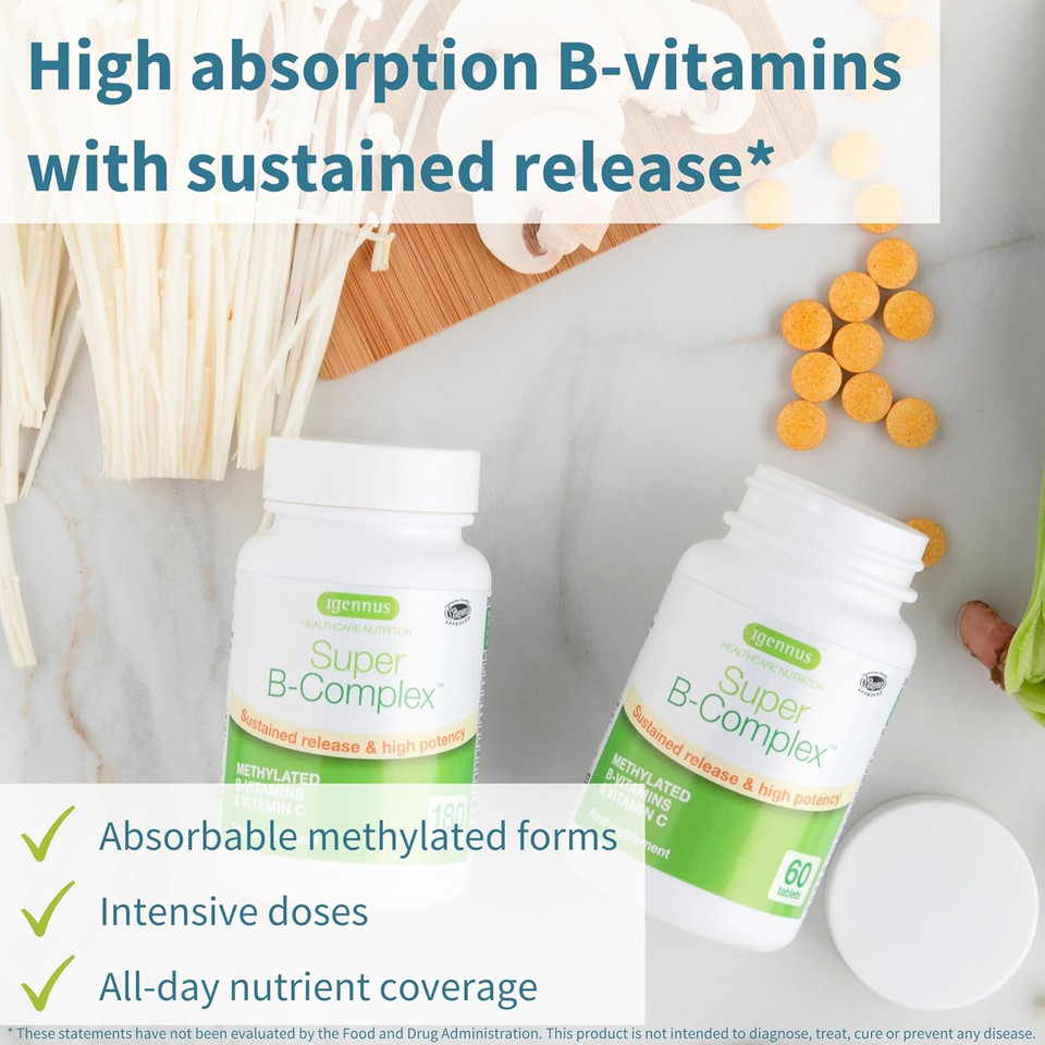 Super B-Complex Liquid B-Vitamin Effervescent Drink, Methylated, Fast Action Energy Supplement, Caffeine-Free, Sugar-Free, Orange Flavor, Vegan, 120 Effervescent Tablets, By Igennus