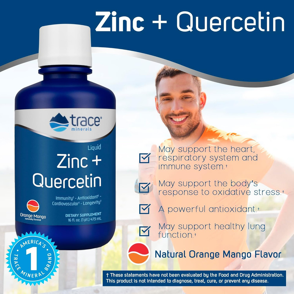 Trace Minerals | Liquid Zinc + Quercetin | 25 Mg Zinc, 200 Mg Quercetin | Supports Normal Immune System Function | Natural Orange Mango Flavor | 32 Servings, 16 Fl Oz