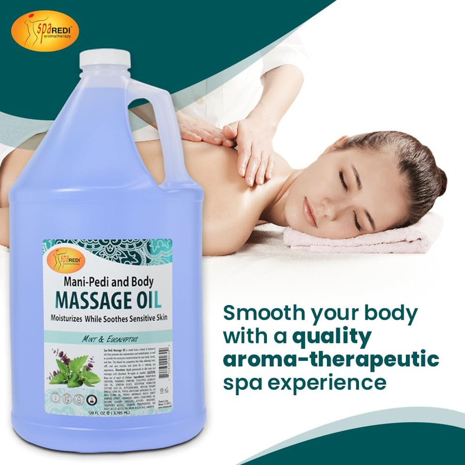 Spa Redi - Massage Oil, Mint Eucalyptus, 32 Oz - Professional Full Body Massage Therapy, Manicure, Pedicure - Relax Sore Muscles And Repair Dry Skin, Enhanced With High Absorption Oils And Vitamin E