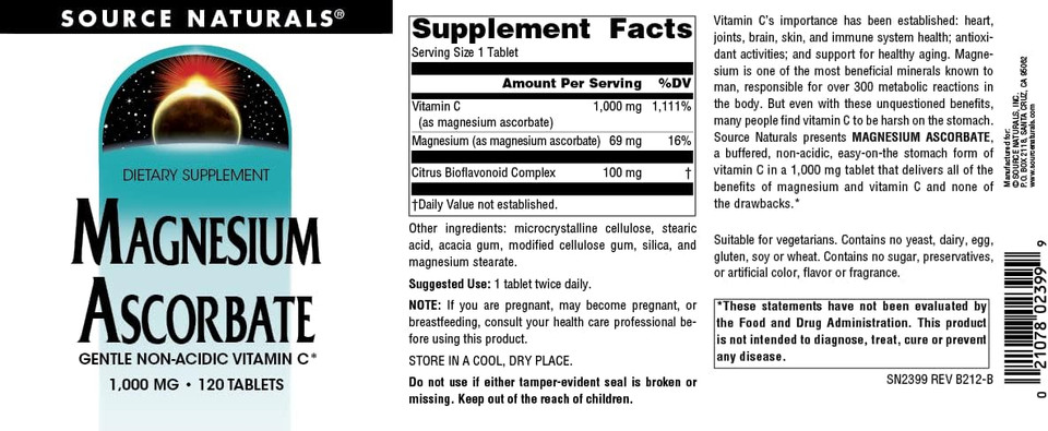 Source Naturals Magnesium Ascorbate, 1000 Mg Of Non-Acidic Vitamin C - 120 Tablets