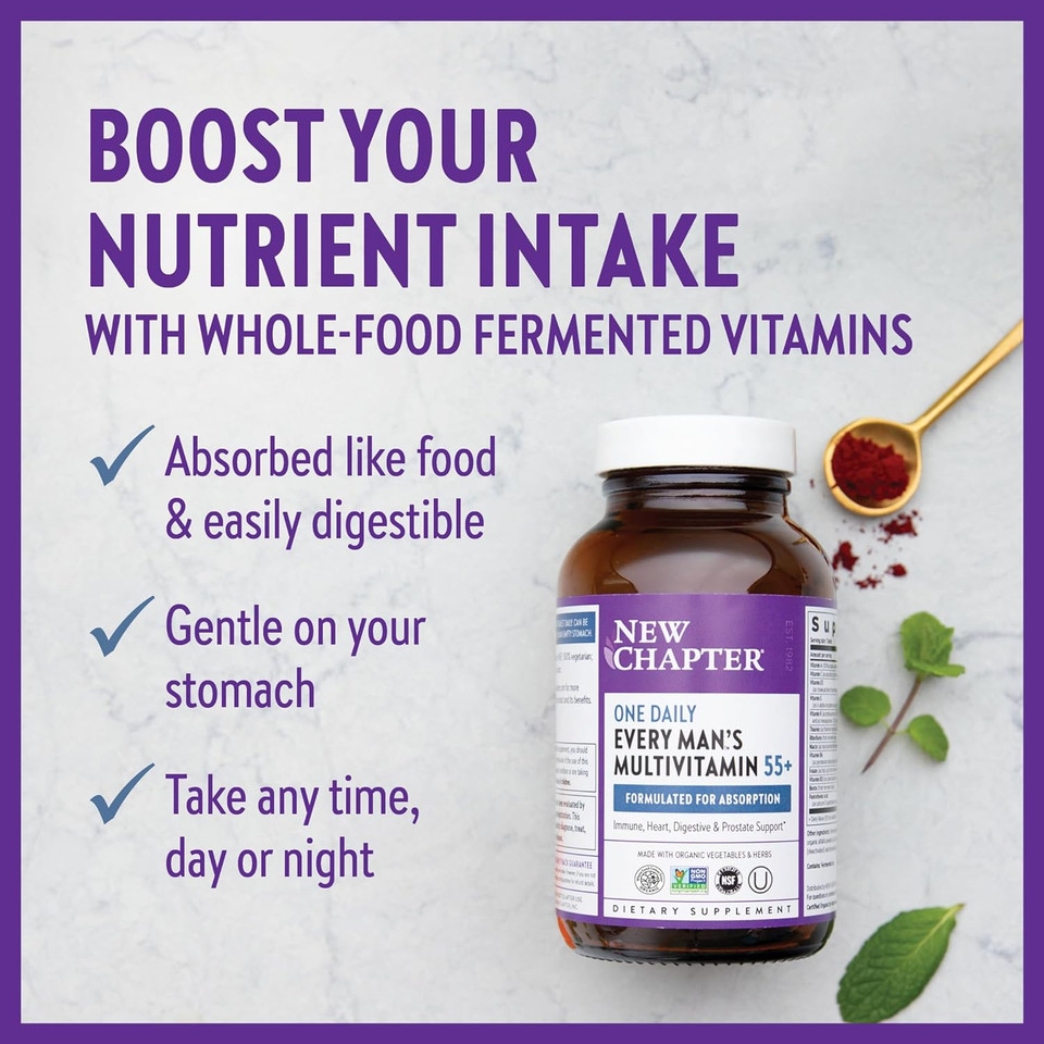 New Chapter Men'S Multivitamin 50 Plus For Brain, Heart, Digestive, Prostate & Immune Support With 20+ Nutrients + Astaxanthin - Every Man'S One Daily 55+, Gentle On The Stomach - 72 Ct