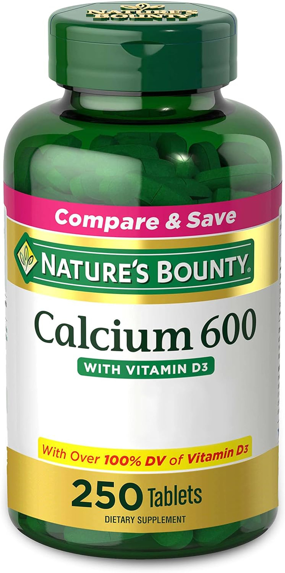 Nature's Bounty Calcium Carbonate & Vitamin D, Supports Immune Health & Bone Health, 600mg Calcium & 800IU Vitamin D3, 250 Tablets