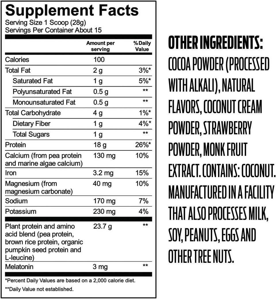 Vega Nighttime Rest & Repair Protein Powder, Chocolate Strawberry - 18G Vegan Plant Protein, 3Mg Melatonin, Magnesium For Women & Men, 15 Oz (Packaging May Vary)