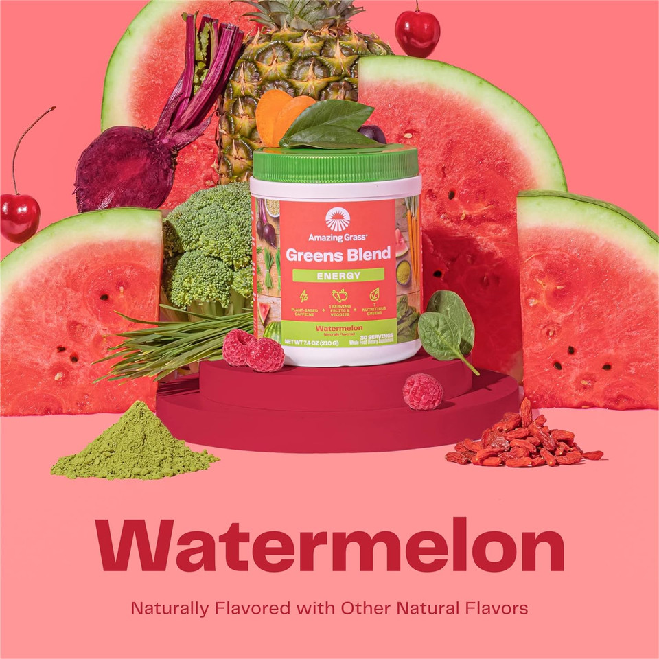 Amazing Grass Green Superfood Energy: Super Greens Powder & Plant Based Smoothie Mix, Caffeine With Matcha Green Tea & Beet Root Powder, Watermelon, 60 Servings