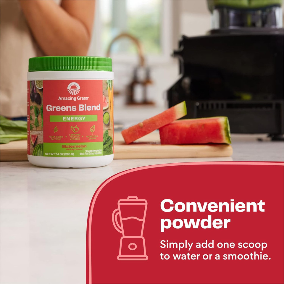 Amazing Grass Green Superfood Energy: Super Greens Powder & Plant Based Smoothie Mix, Caffeine With Matcha Green Tea & Beet Root Powder, Watermelon, 60 Servings