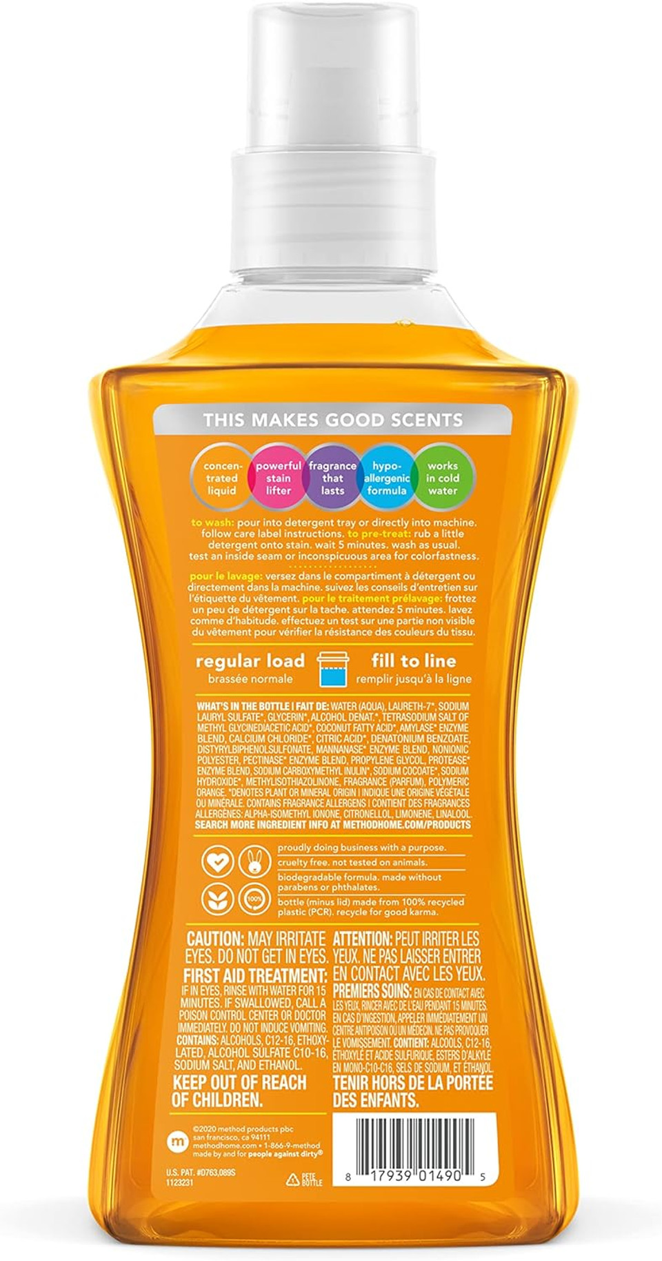 Method Liquid Laundry Detergent; Ginger Mango Scent; Plant-Based Stain Remover; 66 Loads Per 53.5 Fl Oz Bottle; 4 Pack (264 Total Loads); Packaging May Vary
