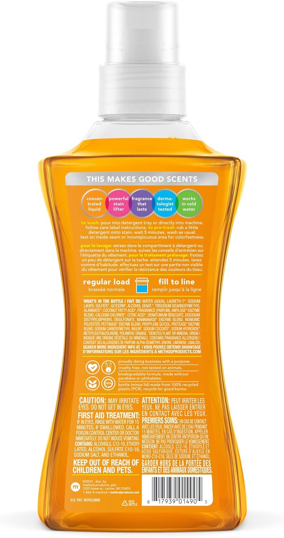 Method Liquid Laundry Detergent; Ginger Mango Scent; Plant-Based Stain Remover; 66 Loads Per 53.5 Fl Oz Bottle; 4 Pack (264 Total Loads); Packaging May Vary