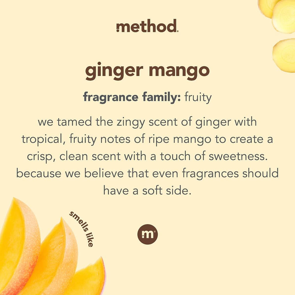 Method Liquid Laundry Detergent; Ginger Mango Scent; Plant-Based Stain Remover; 66 Loads Per 53.5 Fl Oz Bottle; 4 Pack (264 Total Loads); Packaging May Vary
