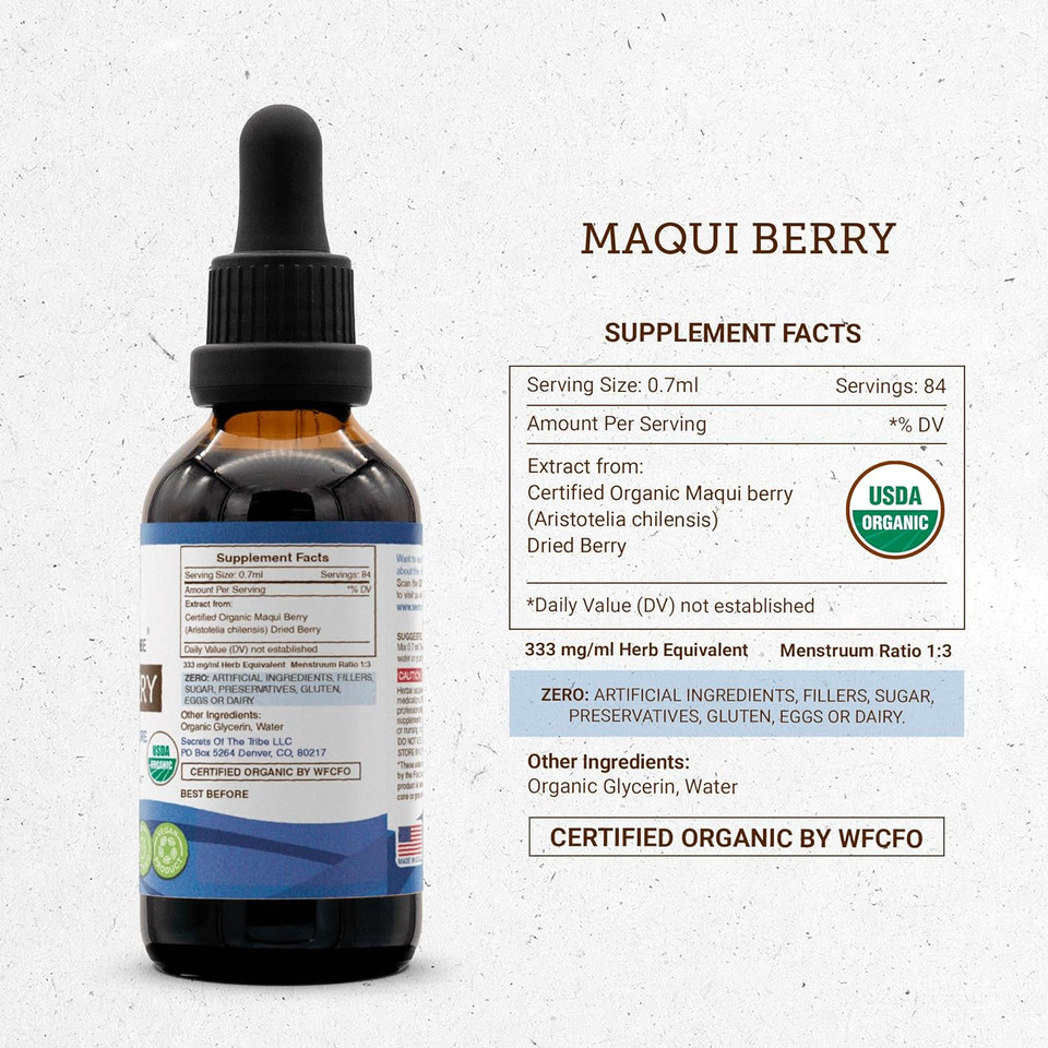 Secrets Of The Tribe Maqui Berry Usda Organic Tincture Alcohol-Free Liquid Extract, Maqui Berry (Aristotelia Chilensis) Dried Berry (2 Fl Oz)