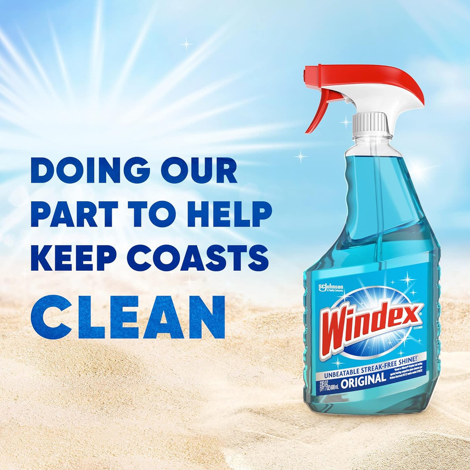 Windex Glass Cleaner Spray, Original Blue Window Cleaner Works On Smudges And Fingerprints, Bottle Made From 100% Recovered Coastal Plastic, 32 Fl Oz