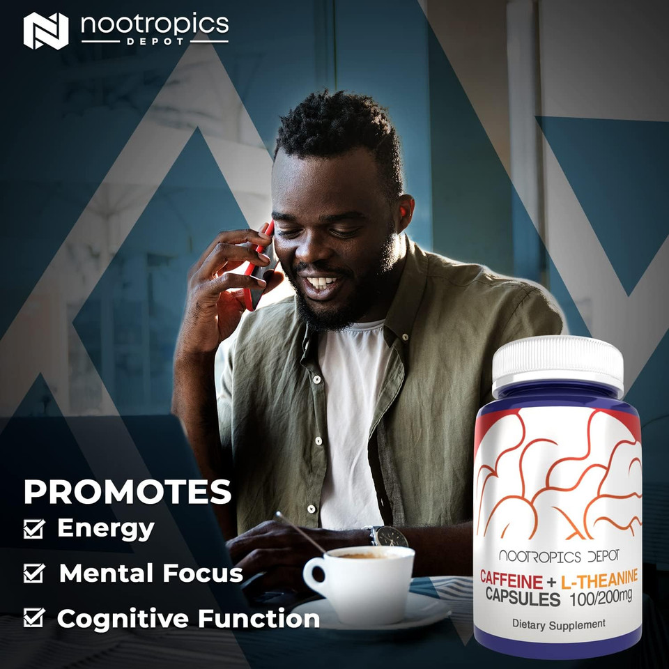 Nootropics Depot Caffeine and L-Theanine Capsules | 60 Pills | Contains 100mg of Caffeine and 200mg of L-Theanine | Natural Supplement | Energy Booster | Mental Focus + Alertness | Coffee Alternative