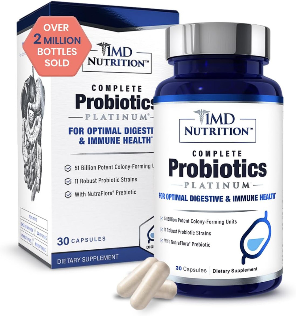 1Md Nutrition Complete Probiotics Platinum - W/Prebiotics And Probiotics For Digestive Health - Probiotic Supplement For Women & Men - More Than 50 Billion Live Cfu 11 Strains Dairy-Free - 30 Caps