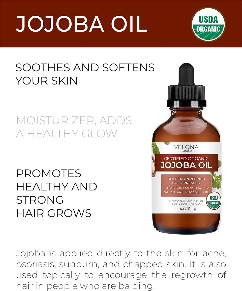 velona Jojoba Oil USDA Certified Organic - 4 oz (With Dropper) | Golden, Unrefined, Cold Pressed | For Face Hair Body Skin Care, Stretch Marks, Cuticles | Moisturizing Natural Carrier Oil Hexane Free