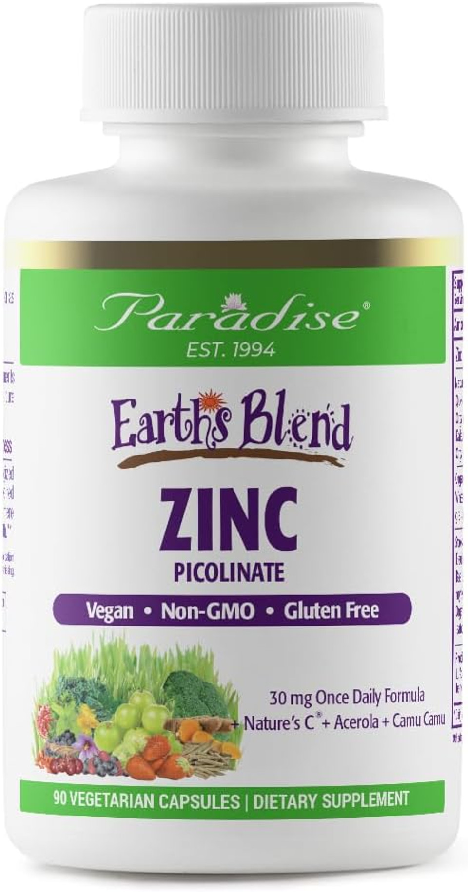 Paradise Herbs Zinc Supplements With Picolinate And Natures C, For Immune Support, Super Potent, Ultra Pure, Gluten Free, Non-Gmo, Vegan, 30 Mg, 90 Capsules