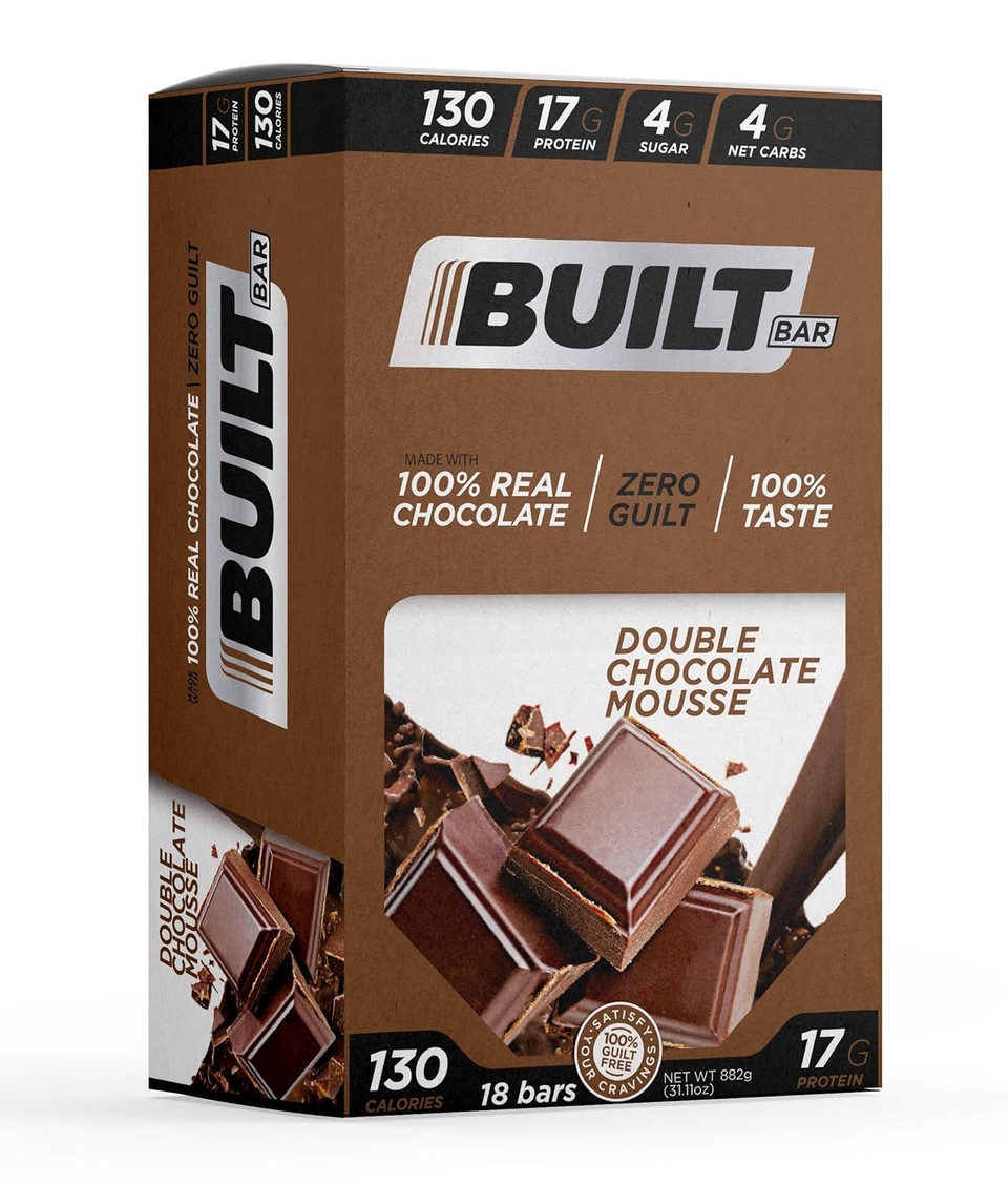 Built Bar 18 Pack Protein And Energy Bars - 100% Real Chocolate - High In Whey Protein And Fiber - Gluten Free, Natural Flavoring, No Preservatives (Double Chocolate)