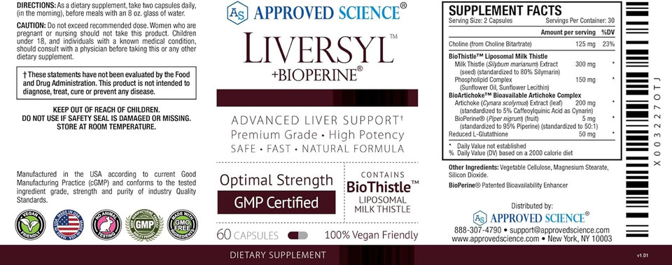 Approved Science Liversyl - Milk Thistle, Artichoke Extract, And Bioperine - Vegan - 60 Capsules - Made In The Usa