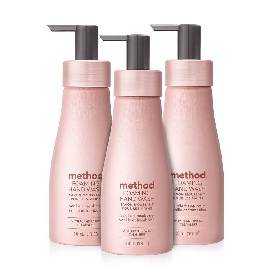 Method Premium Foaming Hand Wash, Vanilla + Raspberry, Reusable Pink Aluminum Bottle, Biodegradable Formula, 10 Fl Oz (Pack Of 3)