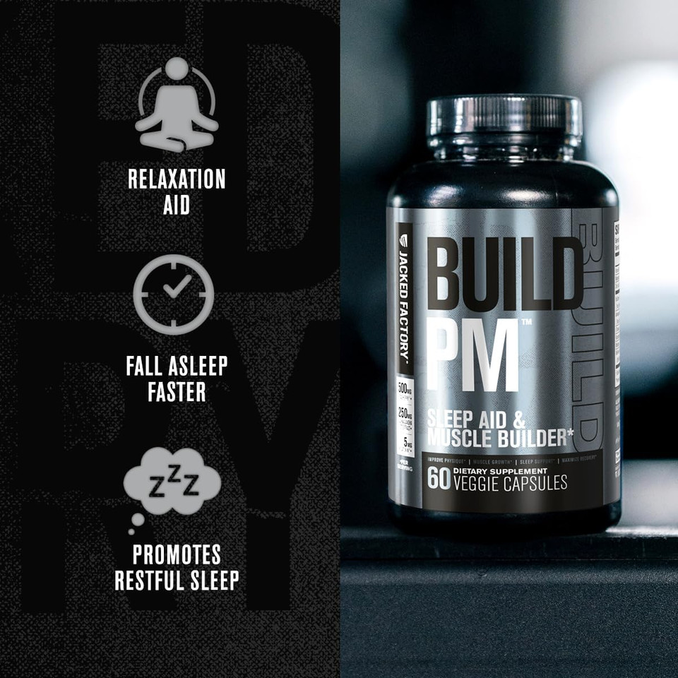 Jacked Factory Build Pm Night Time Muscle Builder & Sleep Aid - Post Workout Recovery & Sleep Support Supplement W/Vitacherry Tart Cherry, Ashwagandha, & Melatonin - 60 Natural Veggie Pills