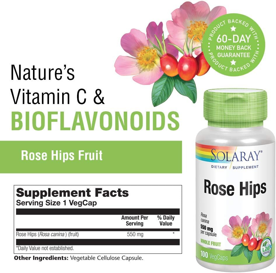 Solaray Rose Hips Fruit 550Mg | Healthy Skin, Joints & Immune Function Support | Source Of Vitamin C & Bioflavonoids | Non-Gmo & Vegan | 100 Vegcaps