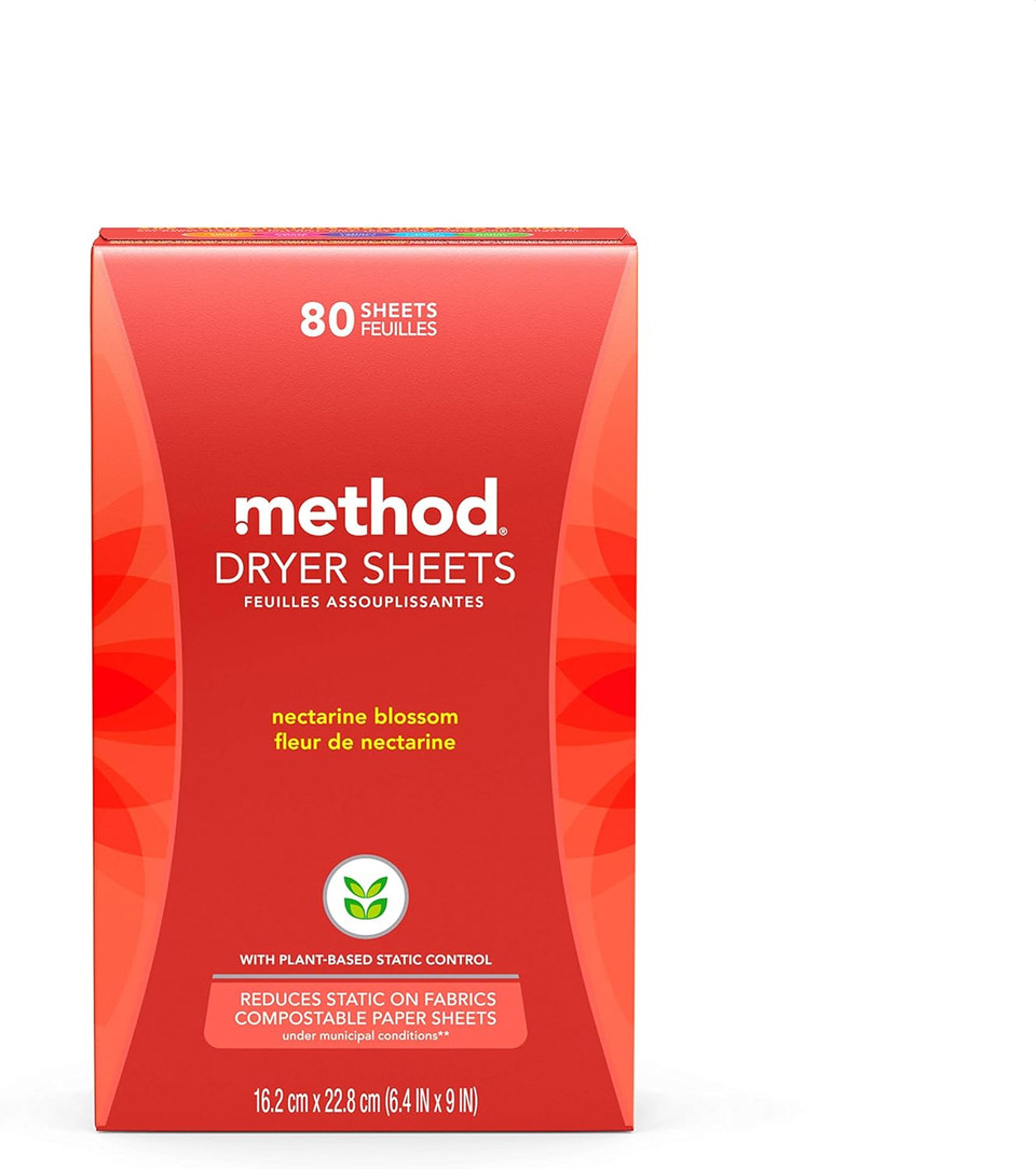 Method Dryer Sheets, Nectarine Blossom, Fabric Softener And Static Reducer, Compostable And Plant-Based Laundry Essentials, 80 Count (Pack Of 6)