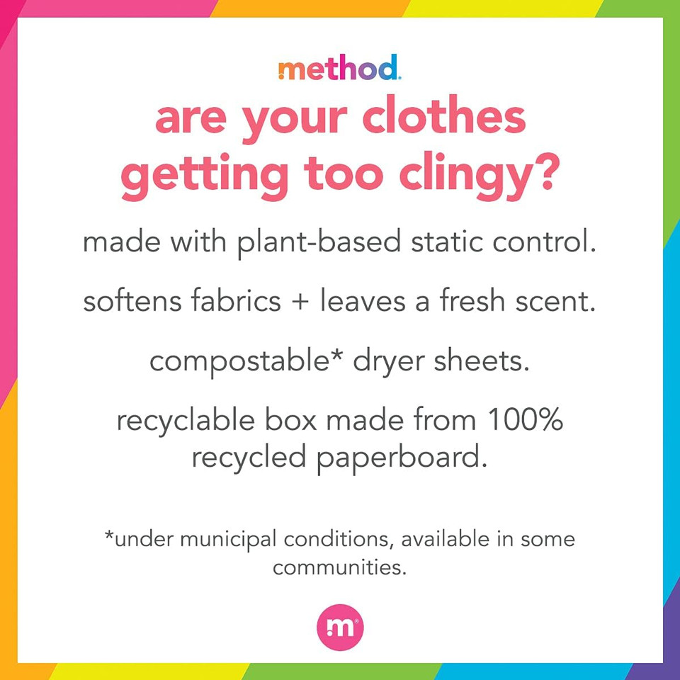 Method Dryer Sheets, Nectarine Blossom, Fabric Softener And Static Reducer, Compostable And Plant-Based Laundry Essentials, 80 Count (Pack Of 6)