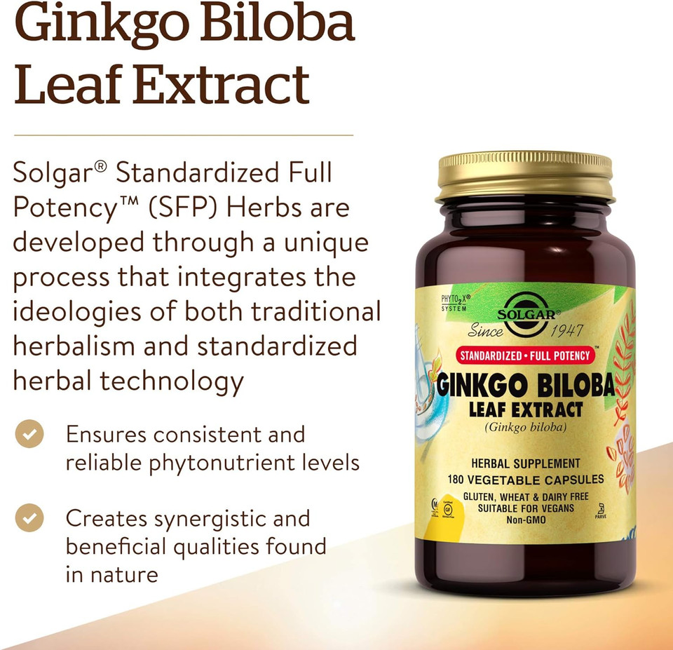 Solgar Ginkgo Biloba Leaf Extract, 180 Vegetable Capsules - Brain Health & Mental Alertness - Standardized Full Potency (Sfp) - Non-Gmo, Vegan, Gluten Free, Dairy Free, Kosher, Halal - 180 Servings