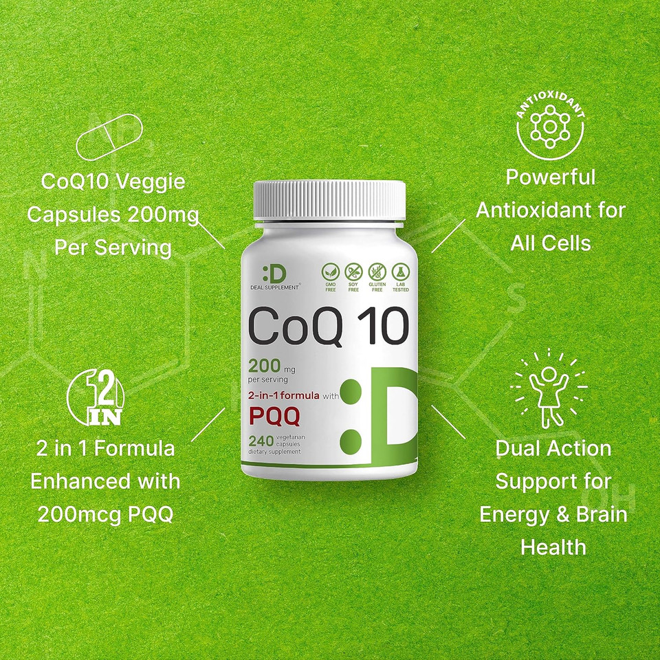Deal Supplement Coq10 200Mg & Pqq 200Mcg, 240 Veggie Capsules  2 In 1 Coenzyme Q10 Supplement For Better Absorption  Antioxidant Support For Energy, Brain, & Heart Health  Non-Gmo