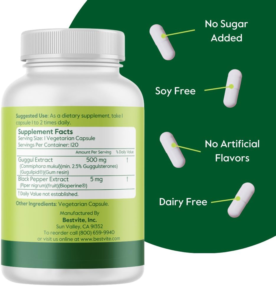 Bestvite Guggul Extract 500Mg (120 Vegetarian Capsules) - Backed By Clinical Research, Patented And Standardized, Enhanced By Bioperine - No Fillers - No Stearates - Vegan - Non Gmo - Gluten Free