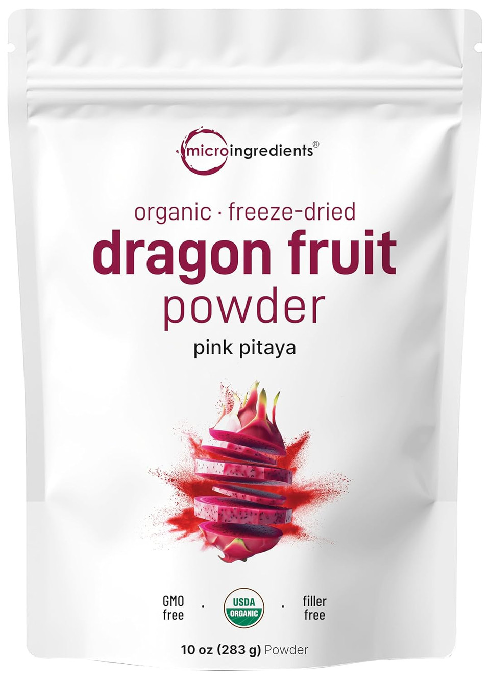 Organic Dragon Fruit Powder, 10Oz | 100% Natural Fruit Powder | Freeze-Dried Pink Pitaya Source | No Sugar & Additives | Great Flavor For Drinks, Smoothie, & Beverages | Non-Gmo & Vegan Friendly
