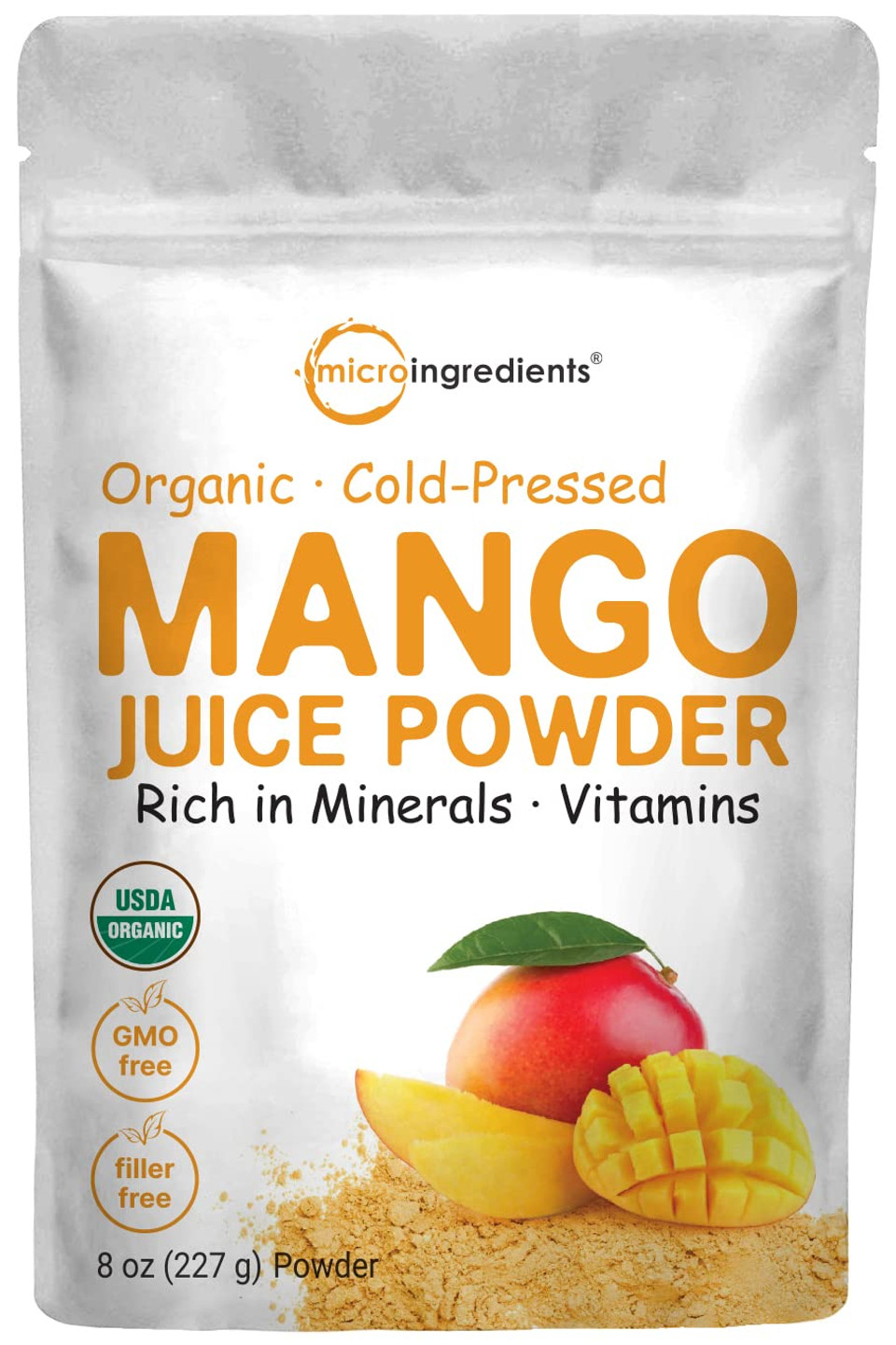 Organic Mango Juice Powder, 8Oz | 100% Natural Fruit Powder | Cold Pressed Mangos Source | No Sugar & Additives | Great Flavor For Drinks, Smoothie, & Beverages | Non-Gmo & Vegan Friendly