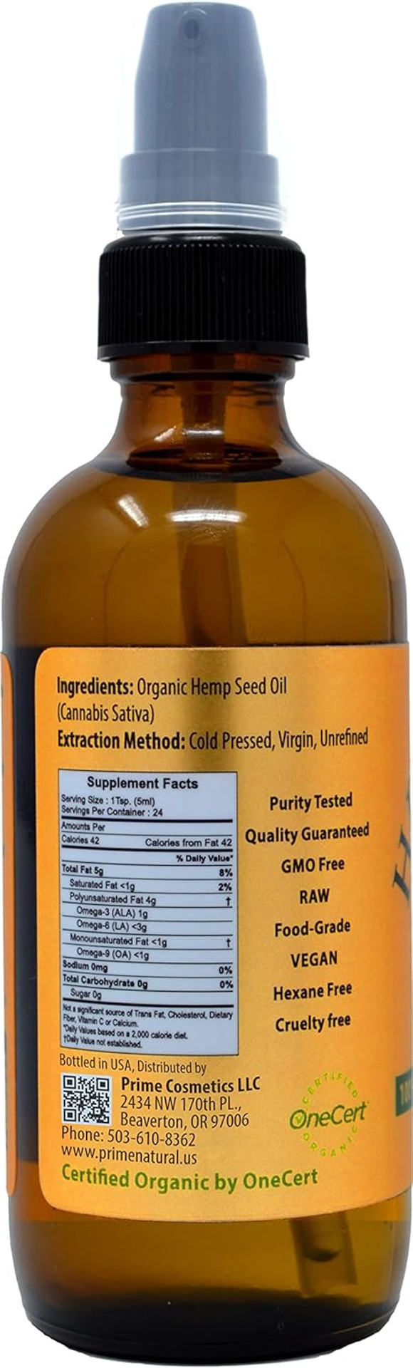 Prime Natural Organic Hemp Seed Oil 4Oz - Usda Certified - Sativa Oil - Pure, Cold Pressed, Virgin, Unrefined, Vegan, Food Grade - High Omega 3 6 9 Fatty Acids - Good For Face, Body, Skin & Hair Care