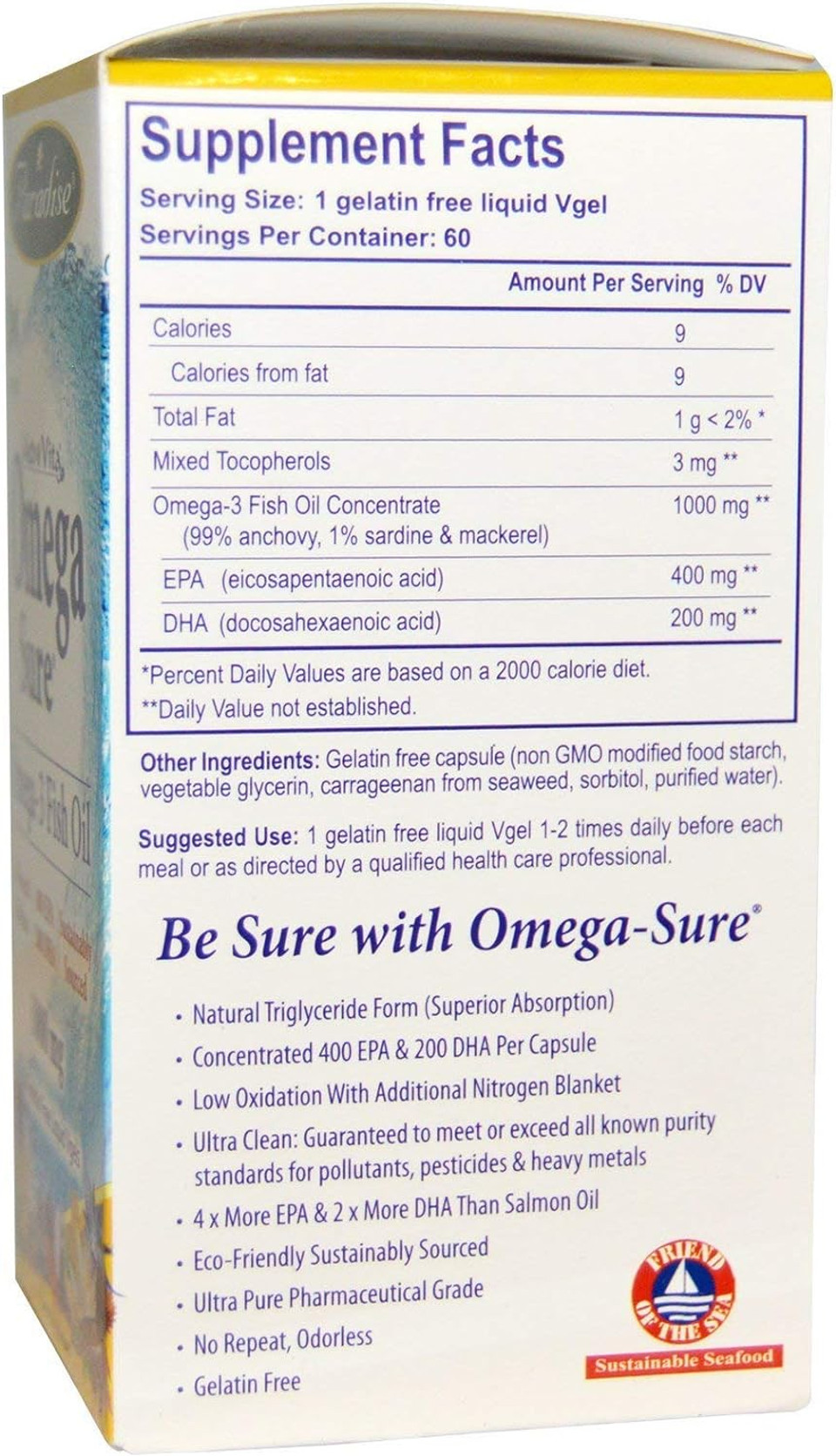 Paradise Herbs Omega-Sure, Omega-3 Concentrate, Premium Fish Oil, Dha, Epa, Vegan, Non Gmo, Gluten Free, 60 Count Vegetarian Softgels