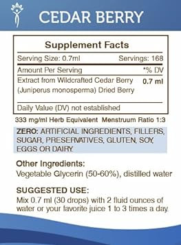 Secrets Of The Tribe Cedar Berry Alcohol-Free Liquid Extract, Wildcrafted Cedar Berries (Juniperus Monosperma) Dried Berry Tincture Supplement (4 Fl Oz)