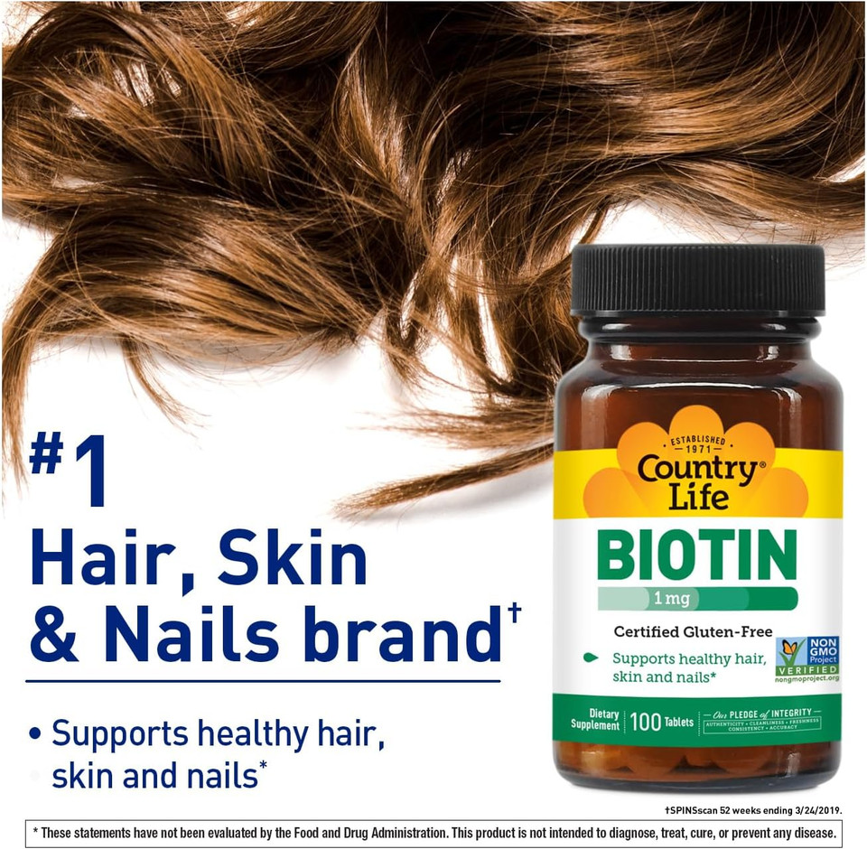 Country Life Biotin 1Mg Supports Healthy Hair, Skin & Nails, 100 Tablets, Certified Gluten Free, Certified Vegan, Certified Halal, Non-Gmo Verified