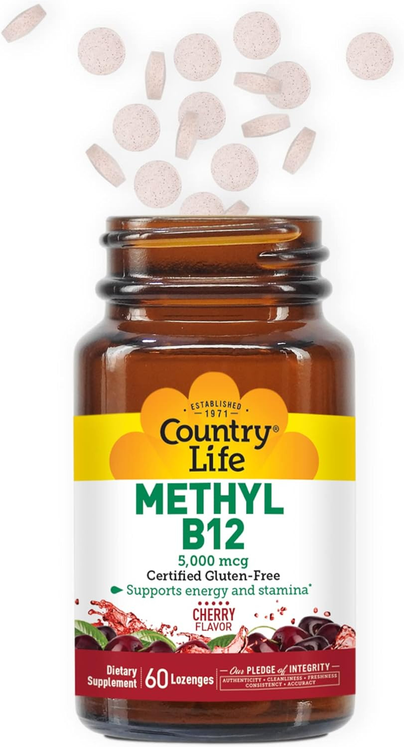 Country Life Methyl B12, Supports Energy & Stamina, 5,000Mcg, 60 Lozenges, Certified Gluten Free, Certified Vegan, Certified Non-Gmo Verified