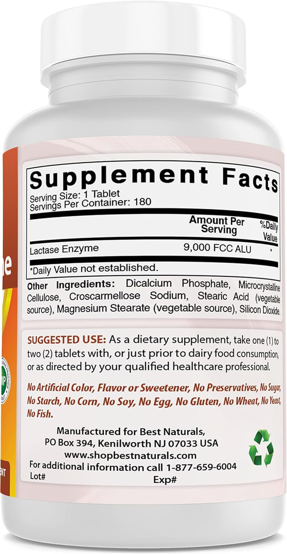 Best Naturals Lactose Intolerance Relief Tablets With Natural Lactase Enzyme, Fast Acting High Potency Lactase, 9000 Fcc Alu, 180 Count