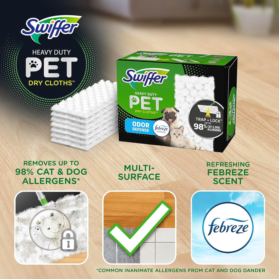 Swiffer Sweeper Pet, Heavy Duty Dry Sweeping Cloth Refills With Febreze Odor Defense, 32 Count, Liquid