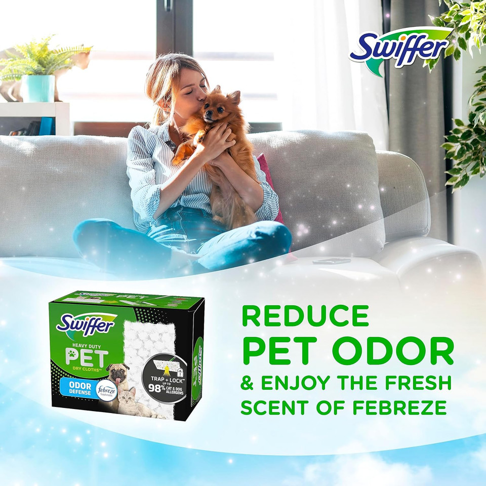 Swiffer Sweeper Pet, Heavy Duty Dry Sweeping Cloth Refills With Febreze Odor Defense, 32 Count, Liquid